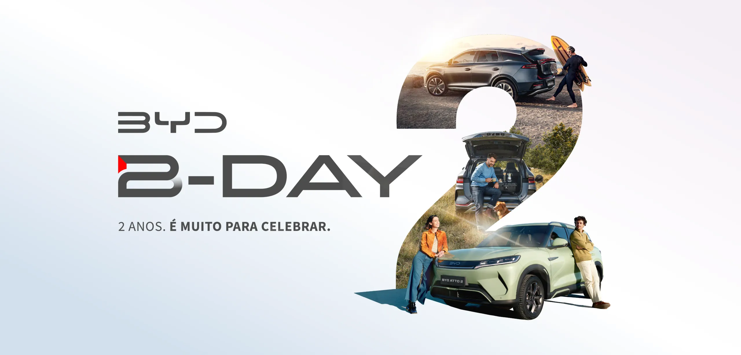 Imagem de campanha do segundo aniversário BYD em Portugal com o nome BYD B-DAY e imagens de clientes e de vários carros BYD dentro de um grande número dois